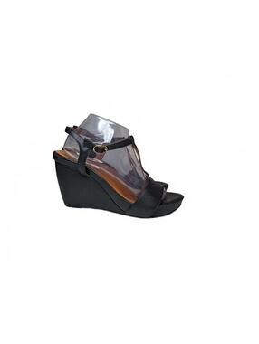 L'Amour Black T-Strap Wedge Sandals with Buckle Accent
